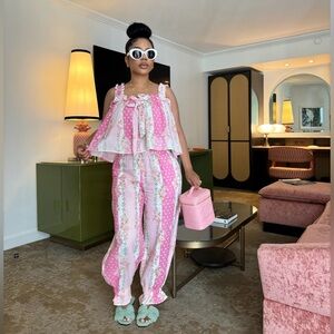 Two-Piece Pink Floral Sleepwear/Loungewear Set with Ruffle Tank